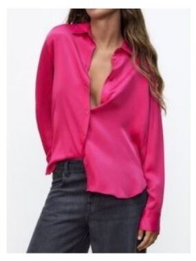 Zara Hot Pink Button-Down Satin Blouse